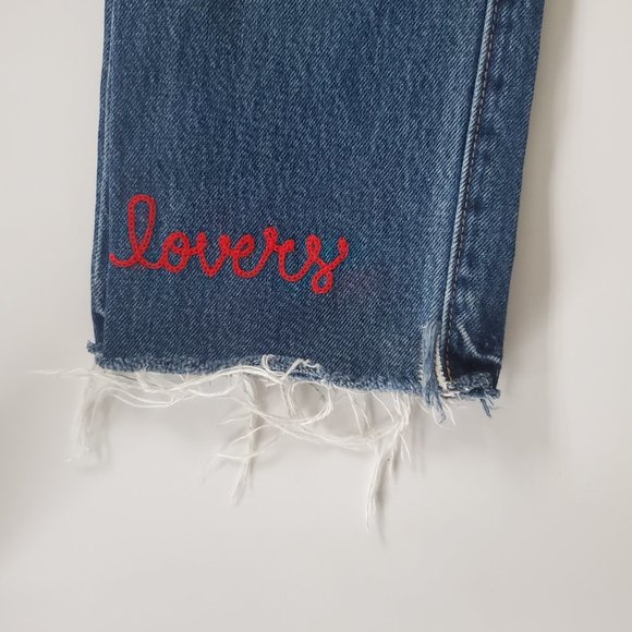 LOVERS + FRIENDS LOGAN Women's High Rise Cropped Jeans Frayed Cut Off Distressed - Picture 5 of 13